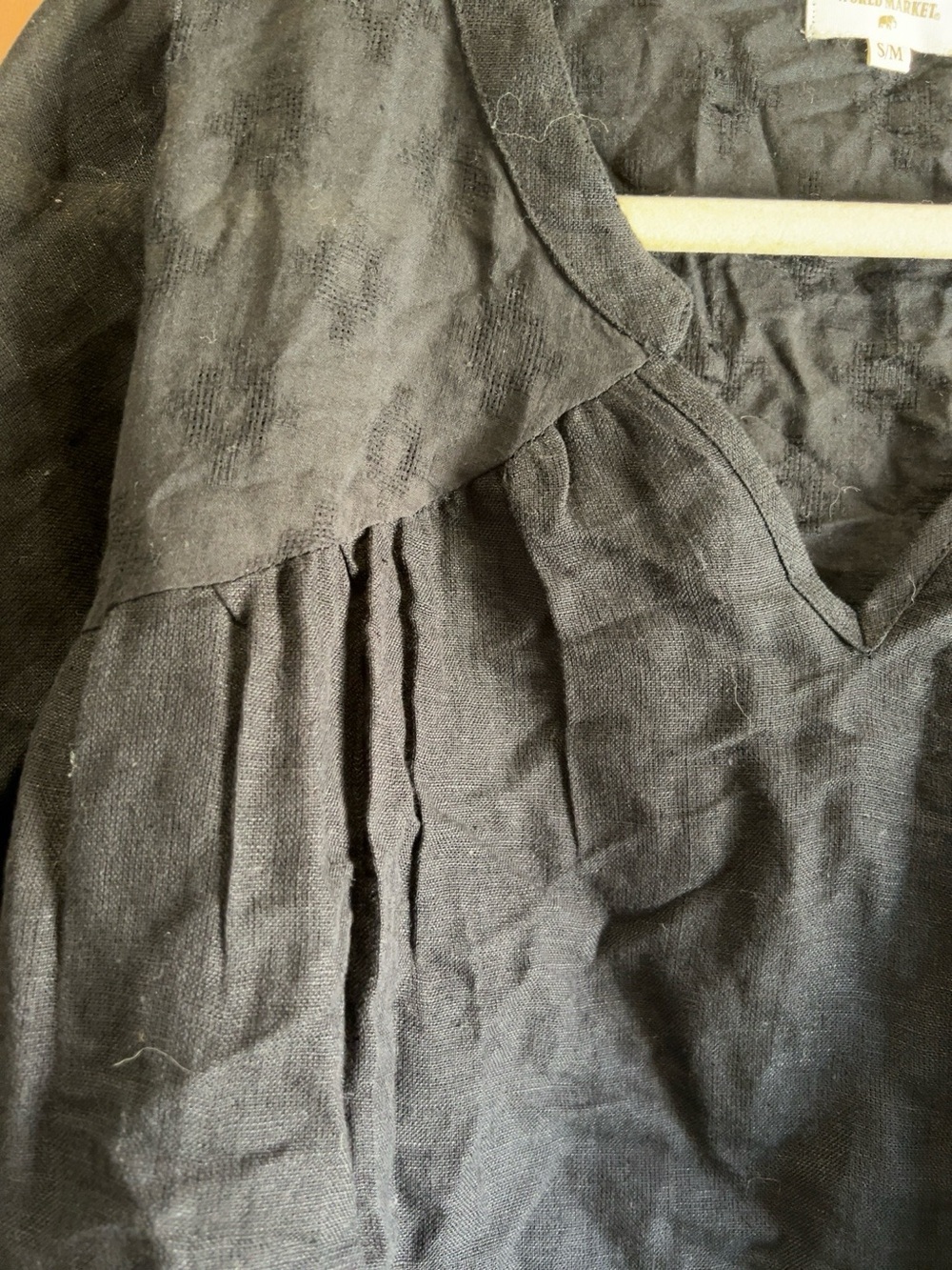 World Market Black Linen Blend Boho Peasant Blouse Tunic Top S/M - Picture 3 of 8